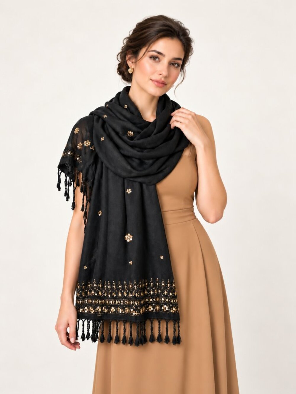 A. BROD Wrap Scarf Black Gold Metallic Sequined Embroidered Gypsy Chic 82 x 18